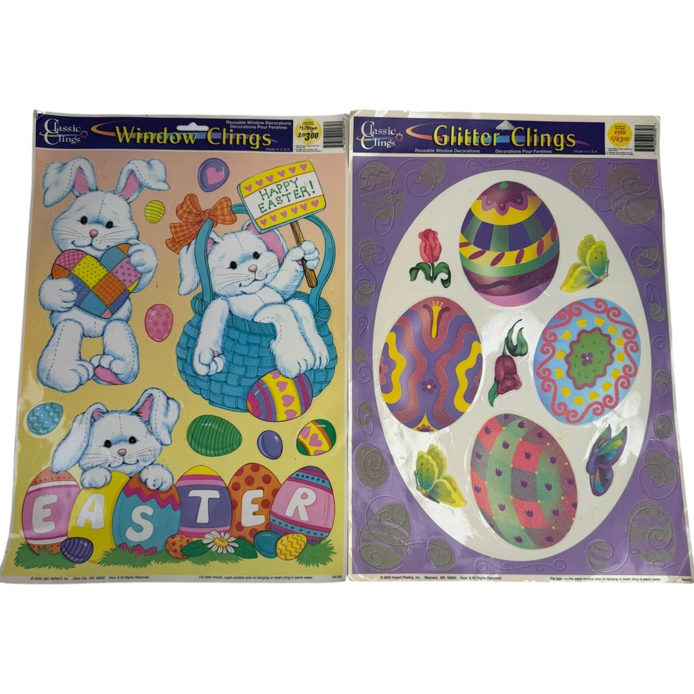 Vintage 2000 2002 Classic Window‎ Glitter Clings 2pc Easter Eggs Bunny Reusable